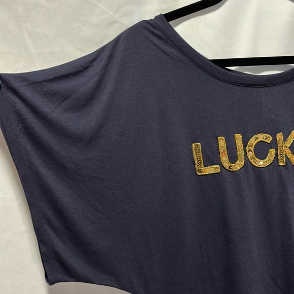 “LUCKY” Gold Sequined, Navy, Wide Neck, Short Sleeve Dolman Shirt - Picture 3 of 6